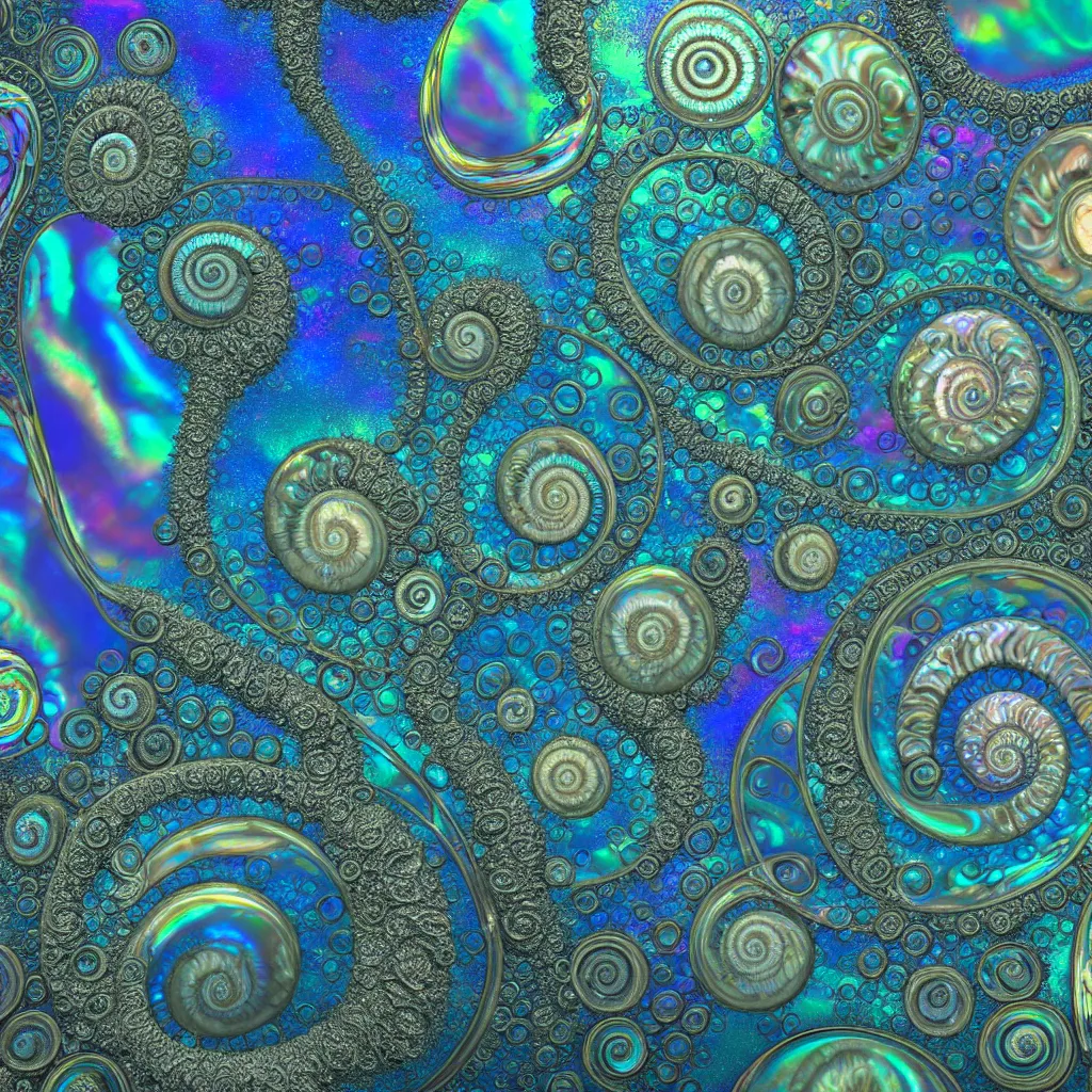 Prompt: bubbles in cresting oil slick waves, ammonites, abalone, art nouveau, rococo, organic rippling spirals, photorealistic octane render, iridescent glass art forms from nature by ernst haeckel