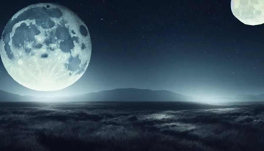 Image similar to a beautiful landscape at night, big moon on the right, stars in the sky, matte painting, dark blue tones, high contrast, intricate details, concept art, 4 k