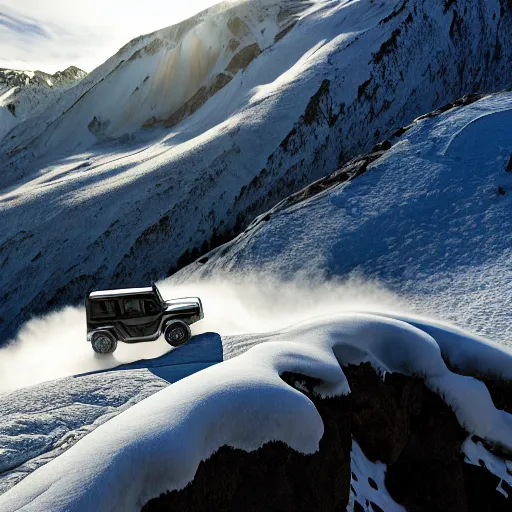 Prompt: white jeep wrangler driving up steep snowy mountain ridge on edge of a cornice, dramatic lighting, cinematic, photo realism