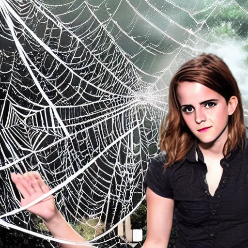 Prompt: emma watson hanging from and trapped in a giant spider web in the style of naruto