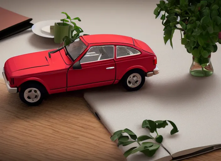 Image similar to a small miniature of a red Datsun 1200 on a white table near a book and a vase with a plant, 3d render, octane render, unreal engine 5, path tracing, serene landscape, calm, relaxing, beautiful landscape, highly detailed, high quality, 4k, symmetrical, low contrast