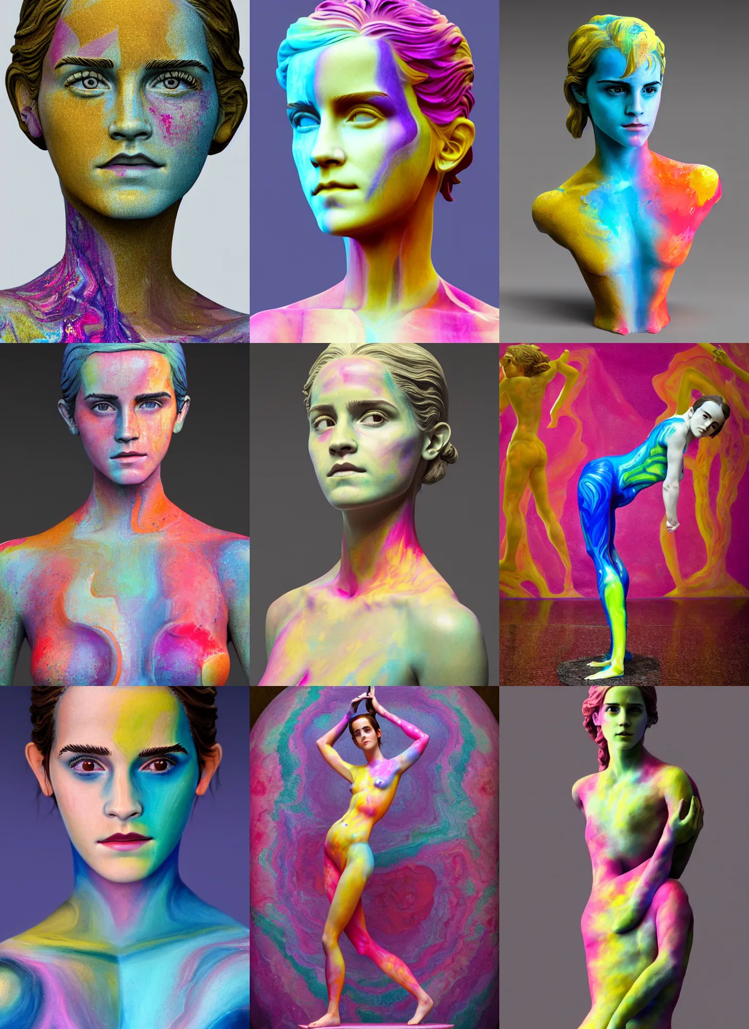 Prompt: 3D print marble sculpture of Emma Watson by Jean-Baptiste Carpeaux and Luo Li Rong and Michael James Talbot, yoga meditation pose, beautiful body, perfect symmetrical face, colorful, bright psychedelic colors, bodypaint, acrylic paint splashes, full length shot, elegant, academic art, realistic, 8K, female full-skin figure, Hyperrealism, Subsurface scattering, raytracing, soft light, Octane Render, Redshift, Zbrush