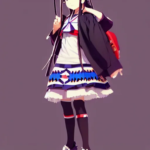 Image similar to a beautiful! boyish! natalie portman model, wearing catholic school girl outfit with mayan pattern and native style, aztec street fashion, guilty gear art direction, gapmoe yandere grimdark, trending on pixiv fanbox, painted by greg rutkowski makoto shinkai takashi takeuchi studio ghibli, akihiko yoshida