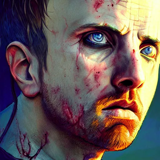 Prompt: Jesse Pinkman, zombie killer, butcher, portrait, fantasy, beautiful face, medieval, vivid colors, elegant, concept art, sharp focus, digital art, Hyper-realistic, 4K, Unreal Engine, Highly Detailed, HD, Dramatic Lighting by Brom, trending on Artstation