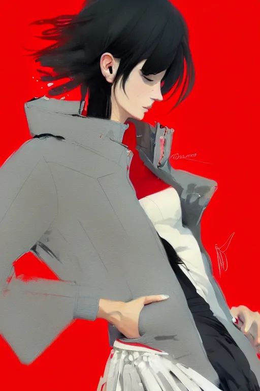 Image similar to a ultradetailed painting of a stylish woman wearing a grey jacket with red skirt, by conrad roset, greg rutkowski and makoto shinkai trending on artstation