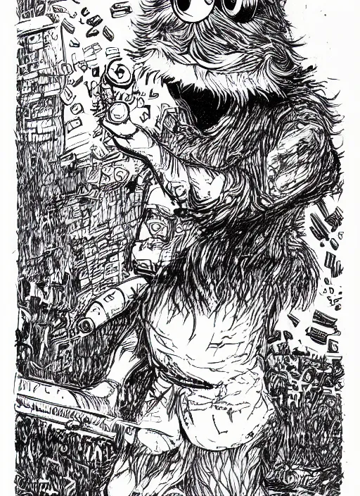 Prompt: an illustration of Cookie Monster, full body, pen-and-ink illustration, etching, by Russ Nicholson, DAvid A Trampier, larry elmore, 1981, HQ scan, intricate details