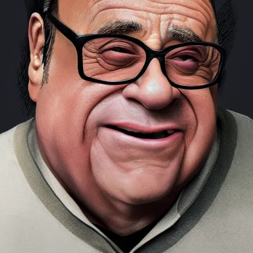 Image similar to hyperrealistic mixed media realistic image of danny devito, stunning 3 d render inspired art by xiang duan and thomas eakes, perfect facial symmetry, hyper realistic texture, realistic, highly detailed attributes and atmosphere, dim volumetric cinematic lighting, 8 k octane detailed render, post - processing, masterpiece,