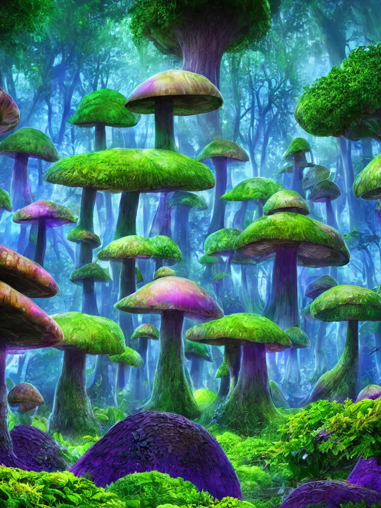 Image similar to a beautiful otherworldly fantasy landscape of giant mushroom trees forming canopies over bright colorful mythical floral plants, like alice in wonderland, rendering, cryengine, deep glowing color, blue and purple and green colors, vray render, cinema 4 d, cgsociety, bioluminescent