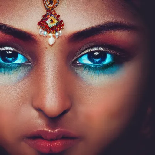 Image similar to close - up shot, studio photographic portrait of beautiful indian girl in sari, brown reddish hair, eyes with crystal teal iris, haunting, looking at viewer, dynamic lighting, random outdoor wallpaper background, photorealistic, 2 5 mm