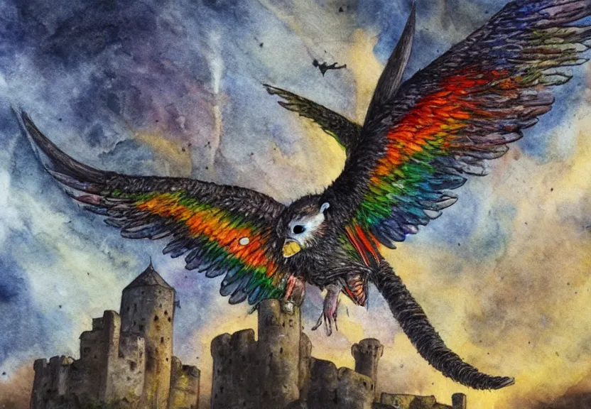 Image similar to legendary rainbow winged possum flying over a medieval castle at night under the dark starred sky, dark fantasy, watercolor, dreaming illusion, highly detailed, 4k, trending on Artstation