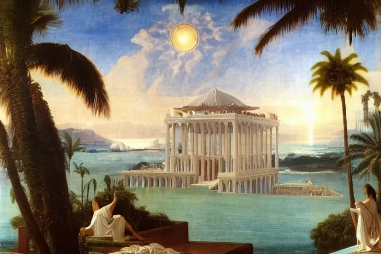 Image similar to Palace floating in heaven, 1km tall, thunderstorm, greek pool, beach and palm trees under the palace, major arcana sky, by paul delaroche, hyperrealistic 4k uhd, award-winning very detailed, heaven paradise