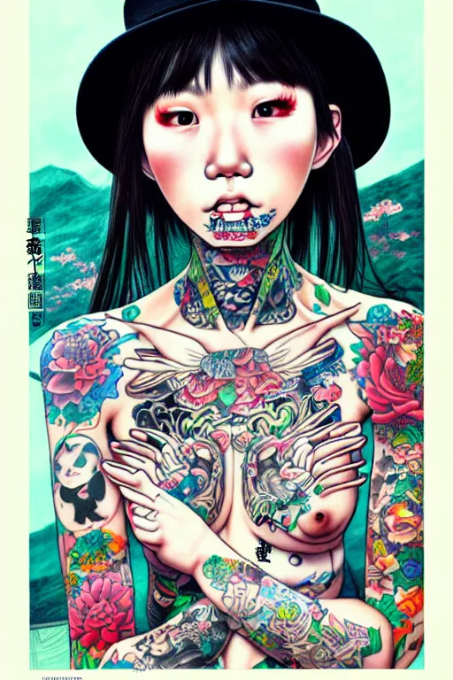 Image similar to full view of taiwanese girl with tattoos wearing cowboy hat, style of yoshii chie and hikari shimoda and martine johanna, highly detailed