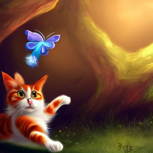 Prompt: a cute calico cat pouncing a butterfly artstation, cgsociety, storybook art