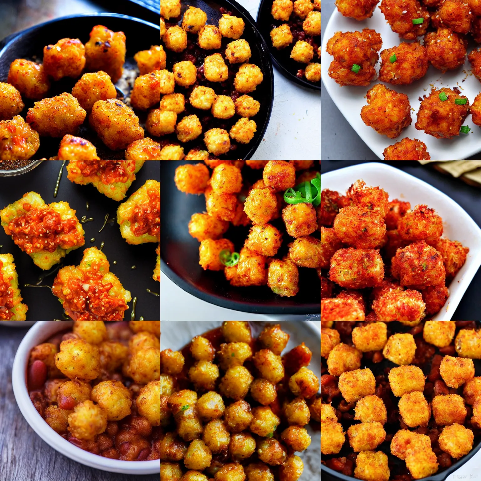 Prompt: delicious chili-cheese tatortots sprinkled with black-pepper, high definition, food photography, DSLR, close up shot, pinterest