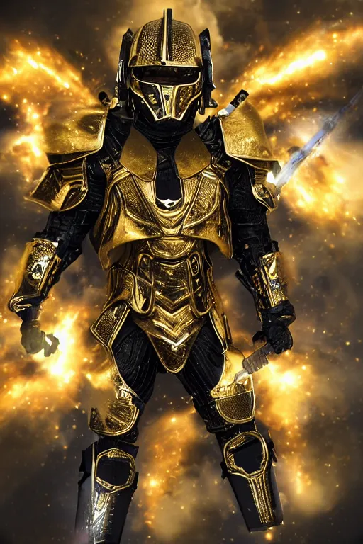 Image similar to galaxy warrior wearing gold and black armor