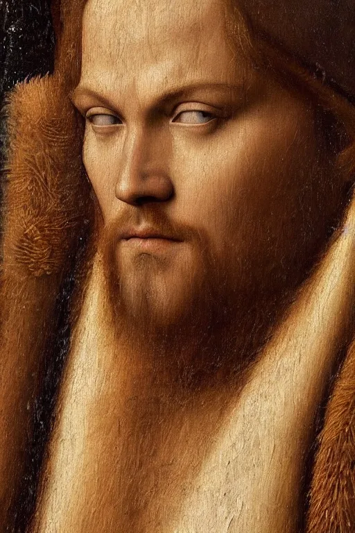 Image similar to 1 4 0 0 s renaissance portrait of leonardo dicaprio oil painting by jan van eyck, northern renaissance art, oil on canvas, wet - on - wet technique, realistic, expressive emotions, intricate textures, illusionistic detail