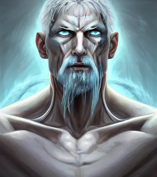 Image similar to symmetry portrait of a tall warrior with grey hair and big muscles, light blue eyes and body full of scars, his skin in extremely white and grim looking, mysterious ultra detailed, intricate, anime, dynamic lighting, digital art, digital painting, art station, wlop, sharp focus, illustration, art by artgerm and greg rutkowski and alphonse mucha
