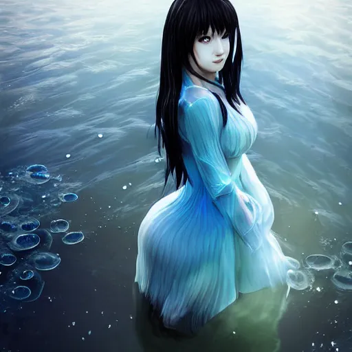 Image similar to advanced digital portrait painting photograph, a very beautiful anime girl wearing a dress made of water standing in a crystal lake , full body, very long black hair, azure blue watery eyes, full round face, seductive stare, cinematic lighting, medium shot, mid-shot, highly detailed, trending on artstation, Unreal Engine 4k, Stanley Artgerm Lau, WLOP, Rossdraws, James Jean, Andrei Riabovitchev, Marc Simonetti, and Sakimichan