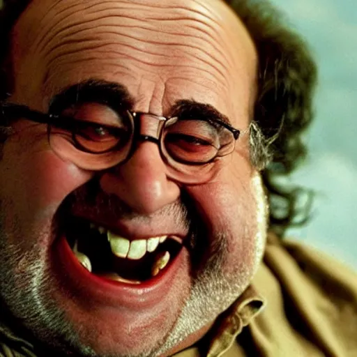 Prompt: the lord of the ring gimili played by danny devito laughing directed by peter jackson film still face close up dramatic lighting