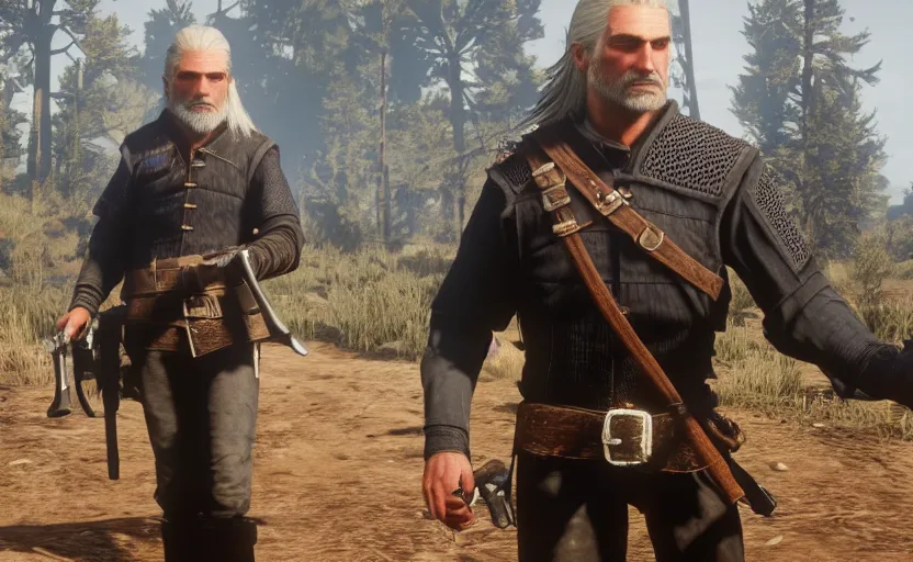 Prompt: screenshot of geralt of rivia in red dead redemption 2,