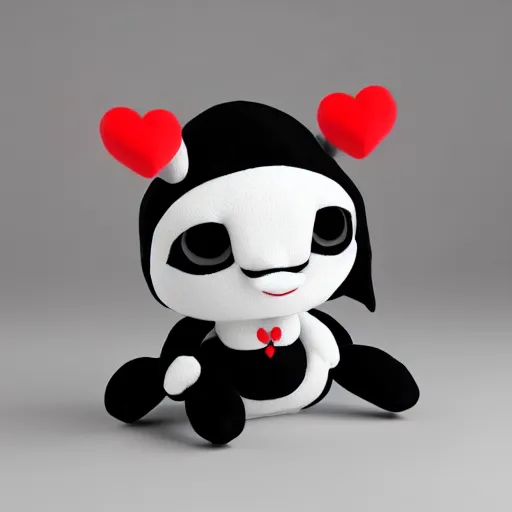 Prompt: cute fumo chibi plush imp, black and white with red hearts, companion, soft shadow, vray