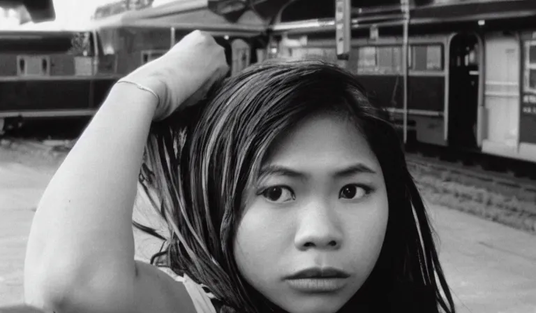 Image similar to A Filipino girl waits for a train, 35mm film, by Gregg Araki