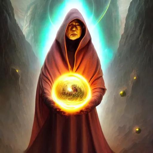 Image similar to the creator of worlds wearing a cloak and holding a holographic planet projection in his hand, detailed, sci - fi, digital painting, artstation, sharp focus, illustration, ominous, artgerm, tomasz alen kopera, peter mohrbacher, donato giancola, joseph christian leyendecker, wlop, frank frazetta