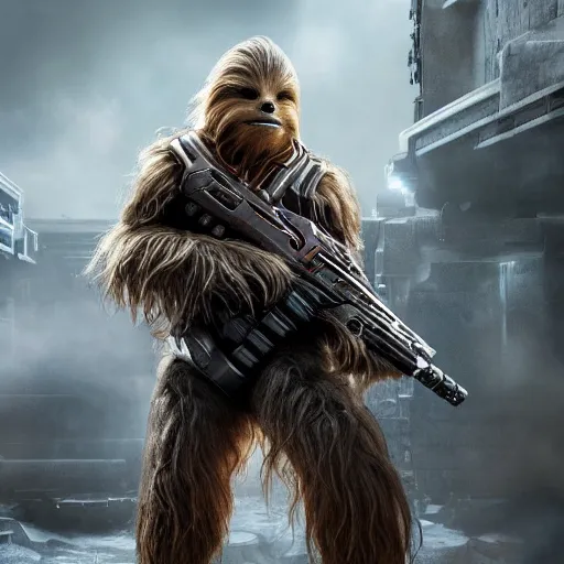 Image similar to chewbacca in gears of war gears of war, splash art, movie still, detailed face, photorealistic facial features, cinematic lighting, dramatic, octane render, long lens, shallow depth of field, bokeh, anamorphic lens flare, 8 k, hyper detailed, 3 5 mm film grain