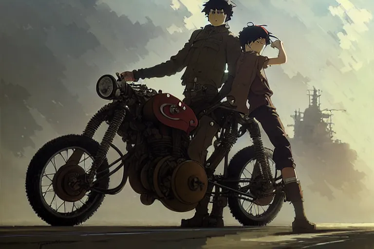 Prompt: dieselpunk, motorcycle, painted by greg rutkowski makoto shinkai takashi takeuchi studio ghibli, akihiko yoshida