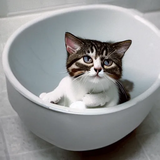 Prompt: a cat escaping a bathtub filled with milk