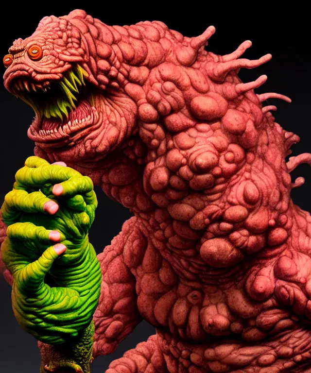 Prompt: hyperrealistic rendering, fat cronenberg flesh monster smooth kaiju by art of skinner and richard corben and jeff easley, product photography, action figure, sofubi, studio lighting, colored gels