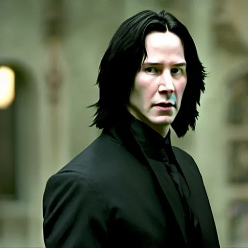 Image similar to Film Still of a Young Keanu Reeves playing a Young Severus Snape in Harry Potter, Film Still, realistic, hyperrealistic, very realistic, very very realistic, highly detailed, very detailed, extremely detailed, detailed, detailed face, very detailed face, very detailed face, realism, HD Quality, 8k resolution, intricate details, body and head in frame, Real Life