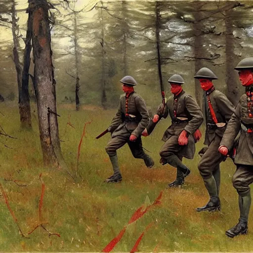 Prompt: ww 1 german soldiers advancing through european forest brush, long grey capes with red accents, 1 9 0 5, oil on canvas, william james aylward, harvey dunn, john singer sargent
