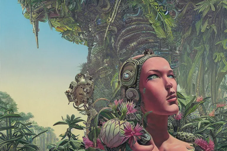 Image similar to evangelionic illustration, gigantic girl head, a lot of exotic vegetation, trees, tremendous pleasure robot, flowers, oldschool vintage sci - fi flat surreal design, super - detailed, oil painting by moebius, hd, 4 k, high quality