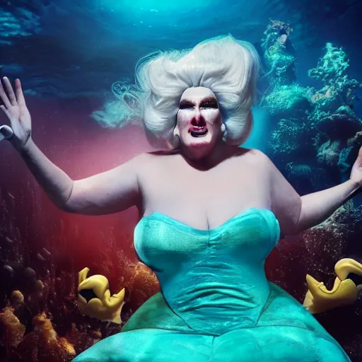 Prompt: Trump as Ursula the sea witch underwater, 8k, professional photography, cinematic shot, dark, smoke