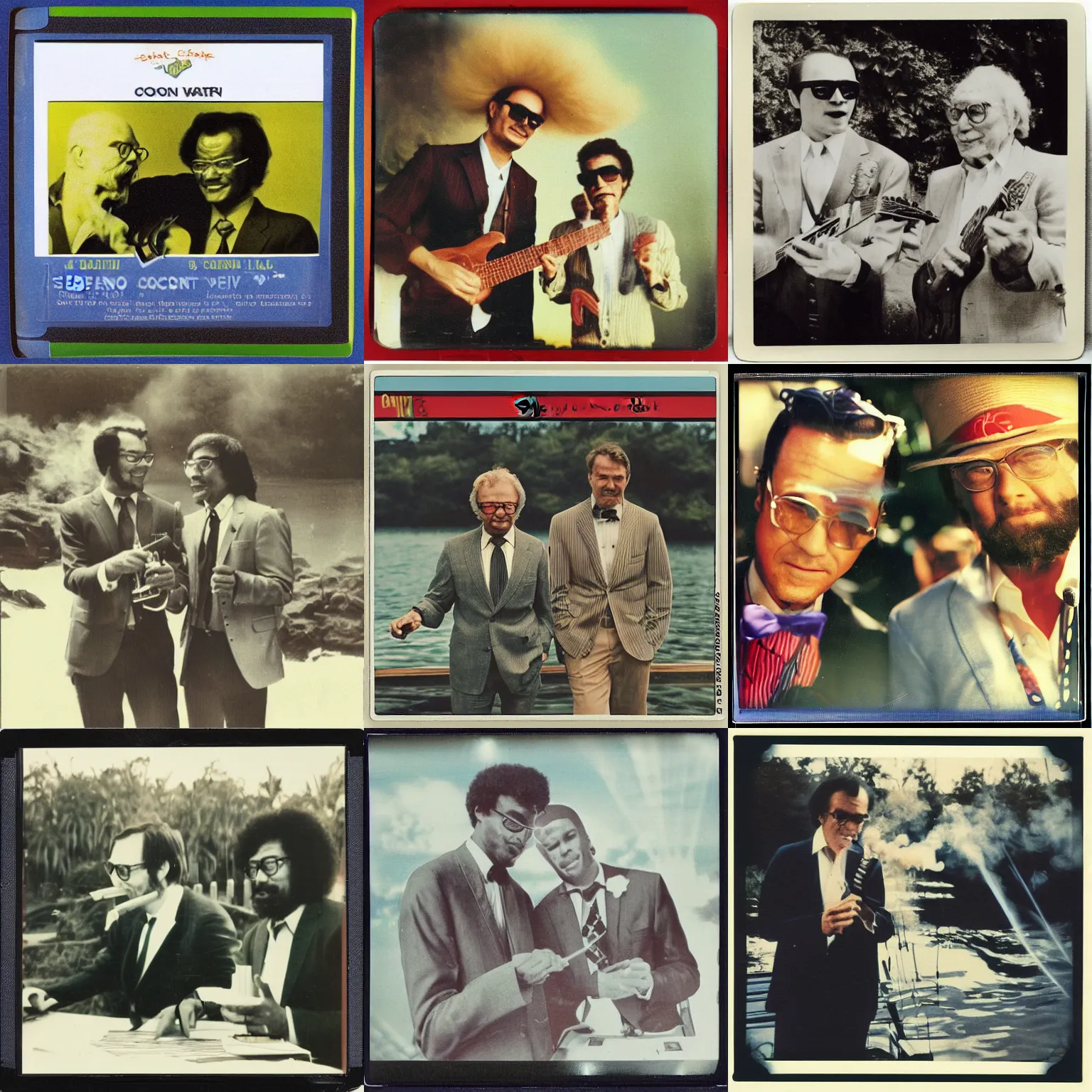 Prompt: Señor Coconut and Dave Brubeck Take five and smoke on the water. Polaroid album cover