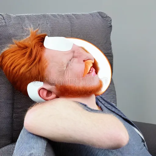 Image similar to professional photography of a drunk ginger haired man slouched on the couch smiling wearing a cone on his head stock photo