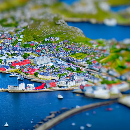 Prompt: isometric view of bodø in norway, miniature, tilt - shift, colorful, arctic