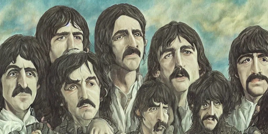 Image similar to the beatles in lord of the rings, fantasy art style