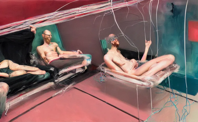 Prompt: abandoned lovers merging into each other in a the void metro, wrapped in wires, couches melting, Adrian Ghenie, 8k, Peter Doig, style of Edward Hopper, Todd Hido, Jenny Saville, colors of Mark Rothko