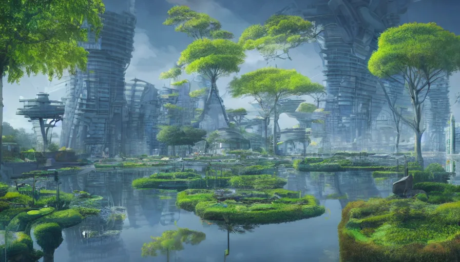 Image similar to futuristic city with a pond, beautiful ancient trees, hiding large treasure chest, serene evening atmosphere, soft lens, soft light, cel - shading, animation, in the style of cgsociety, deviantart, artstation, zbrush, cinema 4 d, studio ghibli, akihiko yoshida, atelier lulua, masamune shirow