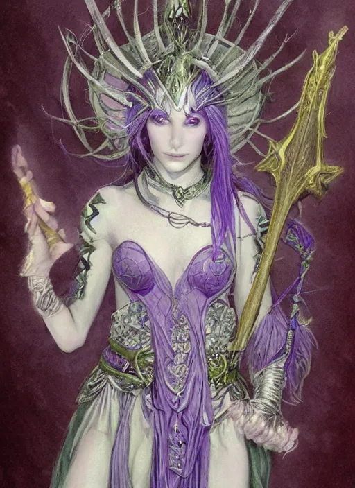 Image similar to portrait of young female prophetess of the endtimes, transluscent skin, silver filigreed armor, lavender hair, beautiful! coherent! dungeons and dragons character, by brian froud, strong line, cool night color, high contrast