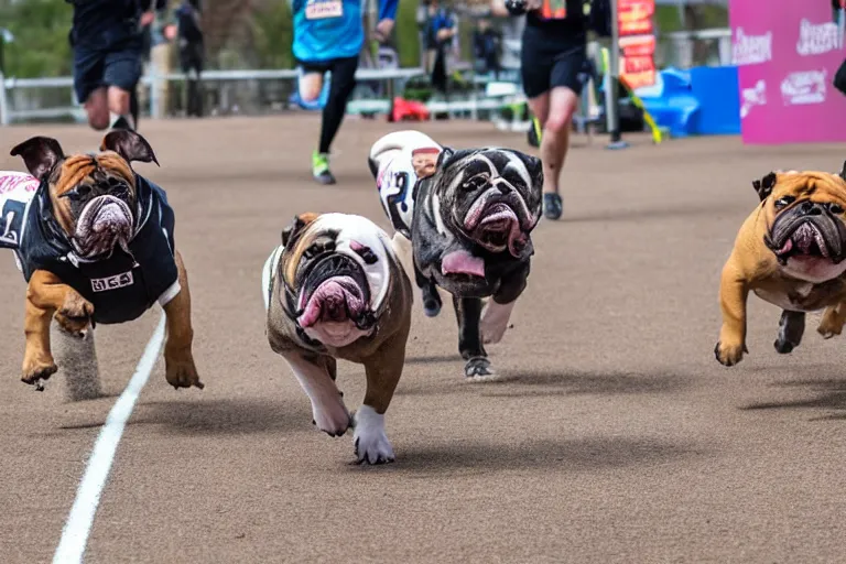 Image similar to bulldogs that are running in a race to cross a finish line