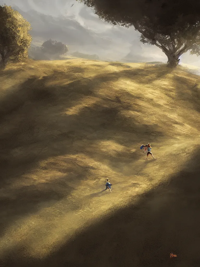 Image similar to running up a hill, by disney concept artists, blunt borders, rule of thirds, beautiful light