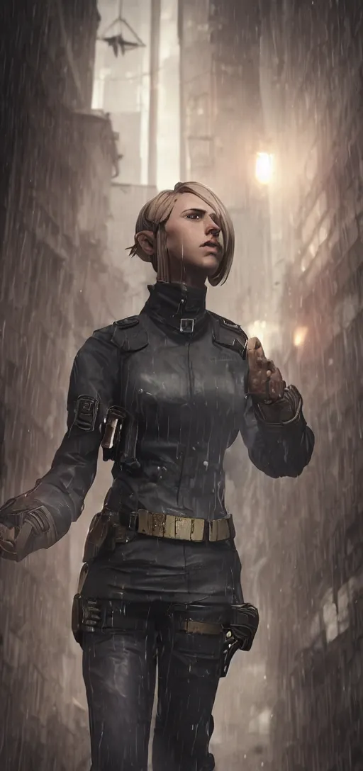 Image similar to annie leonhart in dunwall city wearing recon corps uniform, mid air shot, redshift render, beautiful face, detailed face, cinematic lighting, rainy weather, melancholy atmosphere, dunwall city, volumetric light, octane render, dishonored 1, gothic architecture, realistic reflections, octane render 8 k