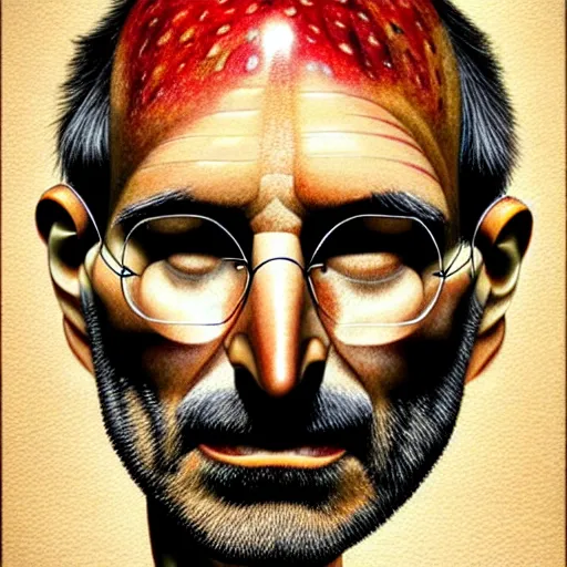 Image similar to apples arranged in the shape of a face resembling steve jobs, fantasy, intricate, elegant, highly detailed, lifelike, photorealistic, digital painting, artstation, illustration, smooth, sharp focus, art by giuseppe arcimboldo