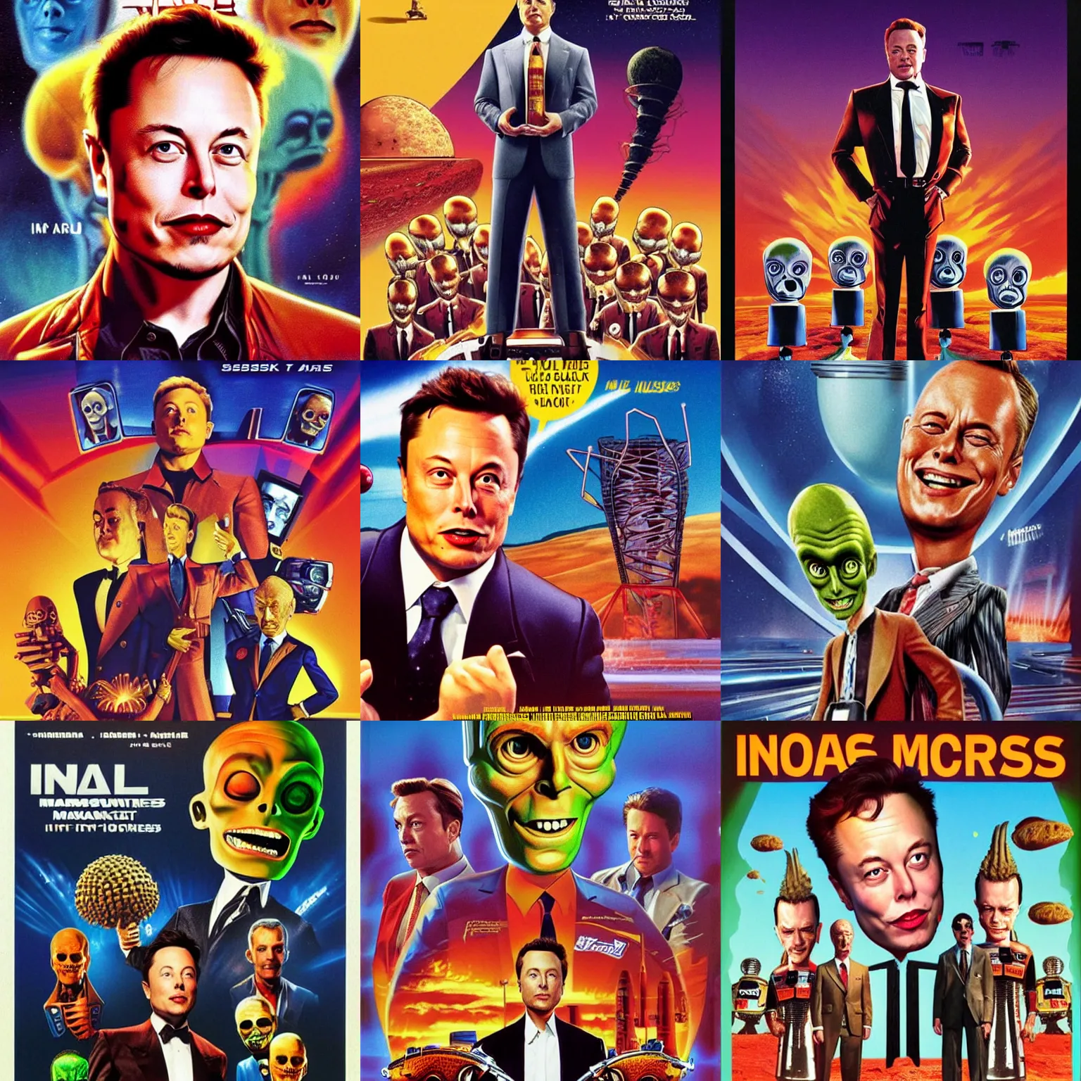 Prompt: Elon Musk as one of the characters on the film poster of in Mars Attacks(1996)