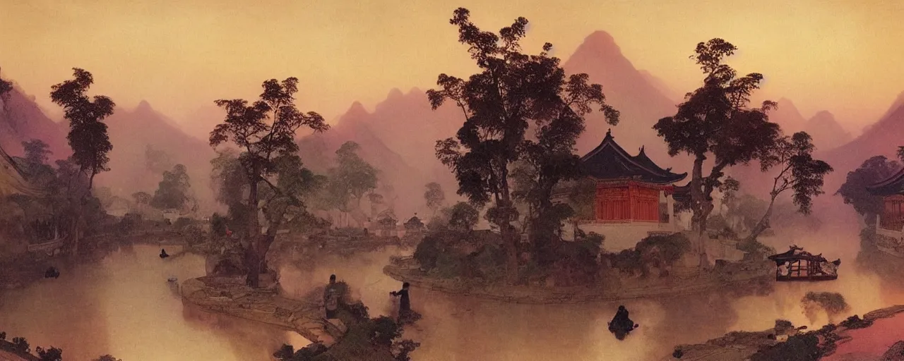 Image similar to a beautiful painting of an ancient chinese town nearby a small river in the evening by alfons maria mucha and ivan aivazovsky, ultra detailed, volumetric lighting, pink vibe