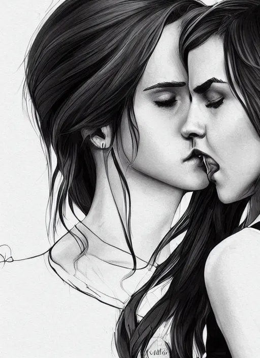 Image similar to An edgy illustration of Emma Watson licking the side of Jessica alba's face in the style of Artgerm, deviantart, artstation. digitial art