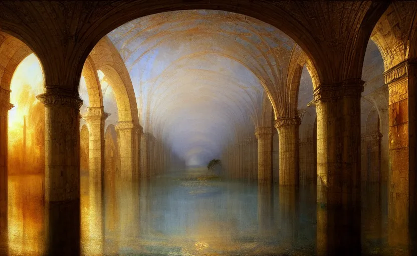 Image similar to tiled room squared waterway, aqueducts, fantasy. intricate. by artstation trending, by joseph mallord william turner, luis royo, konstantin razumov, cinematic lighting, fractal flame, highly detailed